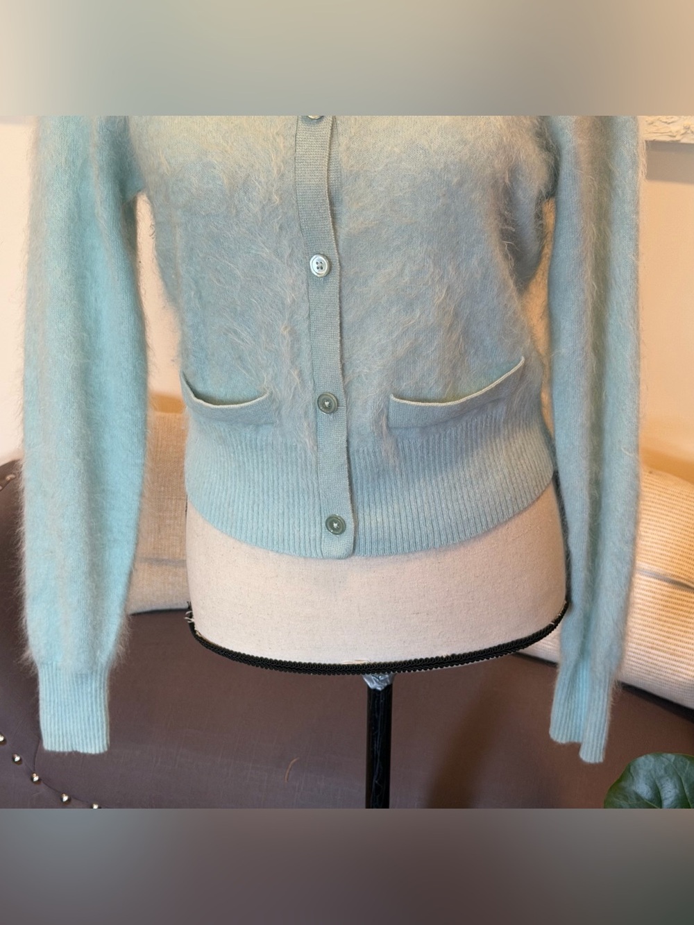 J.Crew Women's Brushed 100% Cashmere Cropped Cardigan Fuzzy Mint Green Sz S - Picture 5 of 13